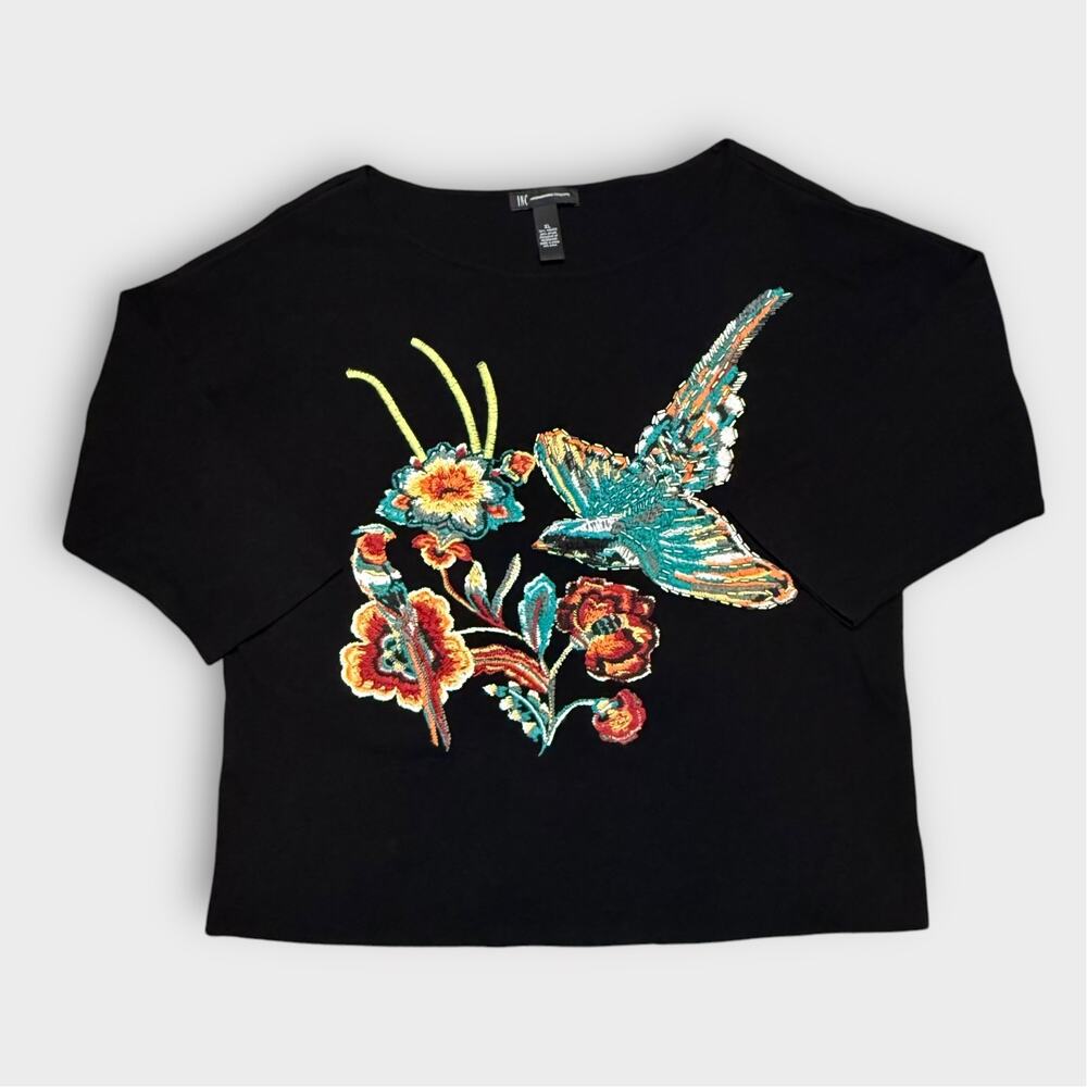 INC INTERNATIONAL CONCEPTS BLACK FLORAL BIRD EMBROIDERY SWEATER XL